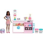 Barbie ブルネット人形でプレイセットを飾るバービーケーキ、オーブン付きのベーキングアイランド、4?7歳の子供向けの生地の成形、おもちゃのアイシングピース