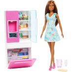 Barbie バービー人形、11.5インチのブルネット、家具セット、作業用水ディスペンサーと3つのキッチンアクセサリーを備えた冷蔵庫、3-7歳のギフト