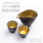 ガラス ガラス黒薩摩 桜島灰酒器 片口 盃2個