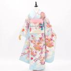 【中古】正絹 振袖 フルセット 販売6点セット 半衿付き長襦袢・帯・帯揚・帯〆・重衿付き さわやかブルーに咲く花々 着物だけなら26,400円(税込)