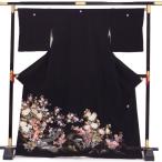 単品販売 表地正絹 黒留袖 貸衣装をリサイクル 四季の花木に雉 五つ紋 丸に片喰
