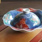 染錦四方オリエント花唐草紋様波渕リム付蓋物
