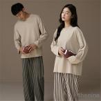 ペア パジャマ 長袖 男女2着 セット 綿100％ 無地 ストライプ ゆったり uネック カップル 春 シンプル 長袖トップス ルームウェア クルーネック おもしろ 春秋