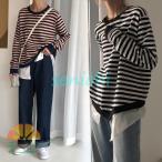 ボーダー柄 スウェットトップス レディース 長袖Tシャツ 偽二枚 スウェット 縞柄 ゆったり マリンセーラー トレーナー 春秋 トップス レトロ