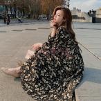 ワンピース レディース 40代 春秋 キレイめマキシ丈ワンピース 長袖 花柄シフォンワンピース パフスリーブ vネック Aライン オシャレ 通勤 結婚式ドレス 着痩せ