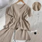 パンツ セットアップ レディース Tシャツ ブラウス 半袖 カジュアル ワイドパンツ サマーニット 無地 きれいめ ロングパンツ 体型カバー 着痩せ