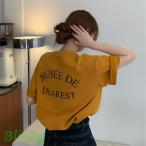 tシャツ レディース 夏 半袖 韓国 ロゴ カットソー Uネック トップス ゆるTシャツ 丸首 プルオーバー カジュアル ロゴ プリント グレー 白 イエロー