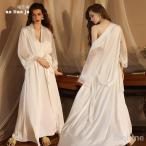 ネグリジェ 春夏秋 長袖ネグリジェ2点セット 姫風ワンピース ロング丈 白レースVネックネグリジェ ナイトロープ ルームウェア パジャマ レディース 大人