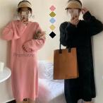 ニットワンピース ニットワンピ 長袖 クルーネック Vネック ドロップショルダー ドルマン スリット ミモレ丈 レディース