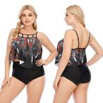 大きいサイズ タンキニ 水着 水着セット 2点セット 体型カバー水着 レディース 柄物 上下セット ビーチ マリンスポーツ 水泳 プール Cカップ Dカップ 4L 5L