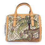 ショッピングセレブ トリーバーチ TORY BURCH ミニボストンバッグ 刺しゅう入り 2WAY ショルダー ひょう柄 パンサー 植物【中古】【程度A+】【美品】
