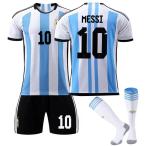ワルドカップ　アルゼンチン ホーム　メッシ メンズ サッカーユニフォームレプリカ 半袖 キッズユニフォーム 上下3点セット 子供/大人用 ソックス付き