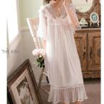 ロングネグリジェ レディースワンピースパジャマ お姫系ルームウエア ゆったり レース 可愛い部屋着 長袖ナイトドレス 棉ガーゼ寝間着