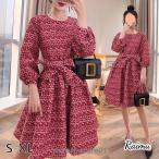 ショッピングセレブ ショートセレブスカート レディース 赤いワンピース 春秋  バルーン袖 気質 ファッション プリント チェニック レトロ エレガント スウィート オシャレ