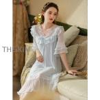 レディース レース  姫系 ネグリジェ 寝巻き 五分袖 ロング丈 春 夏 ロリータ フリル ルームワンピース パジャマ ナイトウエア