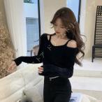 ニット レディース 肩出し プルオーバー Vネック オフショルダー セーター ファッション ショート トップス オシャレ カットソー  リブ