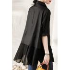 着痩せトップス/ シャツ 切り替え フリルブラウス 重ね着風 ナチュラル 体型カバー