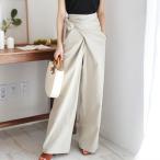ワイドパンツ レディース ボトムス ガウチョパンツ カシュクールパンツ ウエストリボン ラップデザイン 巻きパンツ リラックス ゆったり 綿麻混