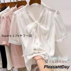 爆買 ブラウス 半袖 レディース シフォン シースルー リボンタイ tシャツ トップス ゆったり オフィス 通勤 涼しい 薄手 おしゃれ カジュアル