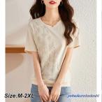 爆買 Tシャツ レディース 40代 春夏新作 オシャレブラウス レース花刺繍切り替えTブラウス 半袖トップス 韓国風 大人 通勤OL ゆったりTシャツ 30代50代