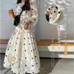 ワンピース レディース 長袖 春 夏 秋 ロングワンピース ドットワンピ 春夏秋 レディースワンピース ロング丈 ロング クールネック ドット パフ袖