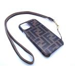 FENDI フェンディ ズッカ柄 PVC ネックストラップ iPhone11Pro対応 アイフォンケース スマホケース レディース ブラウン系 FC4690