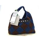 ■極美品■ MARNI マルニ マーケット ニット チェック柄 ハンドバッグ レディース ネイビー系×ブラウン系 FM0762