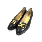 ■美品■ Salvatore Ferragamo フェラガモ ダブルガンチーニ レザー ヒール パンプス サイズ 7 (約24cm) 靴 ブラック系 FN7648