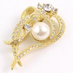 【ゆうパケット送料無料】ブローチ/ティアドロップ 大粒パール＆ラインストーン br14☆ゴールド×オフホワイト 卒業式 入学式