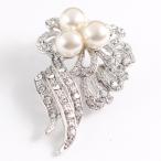 【ゆうパケット送料無料】ブローチ/小さめ お花 リボン パール＆ラインストーン br22☆シルバー×オフホワイト 卒業式 入学式