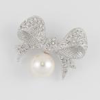 【ゆうパケット送料無料】ブローチ/小ぶり リボン パール ラインストーン br42☆白 セレモニー フォーマル 卒業式 入学式