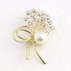 【ゆうパケット送料無料】ブローチ/華やか花束モチーフ リボン 大粒パール br66☆ゴールド   セレモニー 卒業式 入学式