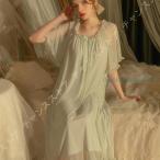 レディースルームウェア ナイトドレス 部屋着 ロングワンピースパジャマ ネグリジェ 姫系可愛いルームウェア レース リボン 長袖 シースルー 春夏