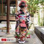 ショッピング七五三 七五三 7歳着物 レンタル フルセット はいばら ブランド着物  黒 文庫に毬七宝ねじ梅 女の子 七歳 753 四つ身N055