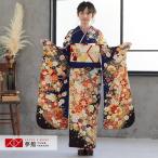 振袖レンタル  紺 流水古典花(絹) 成