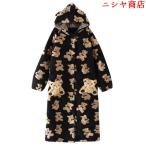 レディース ナイトガウン ロング丈 パジャマ 部屋着 冬 中綿 厚手 3層 防寒 あったか フランネル 可愛い クマ 熊柄 フード付き 前開き 長袖 ネグリジェ バスロー