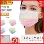 新登場 冷感マスク 冷感不織布マスク レースマスク チュールマスク 夏用 マスク 四層 虹柄 50枚入 レインボー 大人用 女性 飛沫 風邪 秋 4色