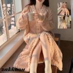 ネグリジェ パジャマ レディース ワンピース ルームウェア 部屋着 暖かい 長袖 前開き 秋冬 もこもこ ふわふわ 防寒 寝巻き リラックス きれいめ