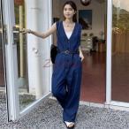 オールインワン レディース サロペット デニム ロングパンツ ゆるシルエット ワイド ジーンズ ベイカーパンツ Vネック つなぎ オーバーオール コンビネゾン