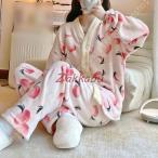 パジャマ レディース 冬 かわいい 長袖 ルームウェア もこもこ 寝間着 女性用 ふわふわ 前開き 裏起毛 可愛い 韓国 上下セット モコモコ 部屋着 プレゼント