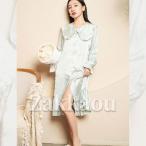 ネグリジェ パジャマ レディース 長袖 前開き ルームワンピ フリル 可愛い エレガント 大人 ないとガウン シルクタッチ 涼しい 吸湿速乾 肌に優しい