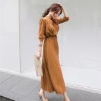 春夏ワンピース シフォン プリーツ 長袖 ロング ピークル オフィス きれいめ Aライン ロング丈 レディース 上品で着痩せ 1枚でコーデ完成 通勤にも便利