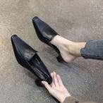 ミュールサンダル レディース ヒール 厚底 痛くない ピークル パンプス風 かかとなし 歩きやすい スクエアトゥ 黒 ローヒール 安定感 きれいめ通勤にも