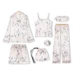 7 枚の絹のパジャマのレディースプリントサテンシルクパジャマセットレディースパジャマセット春の秋のホームウェア