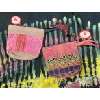 エスニックポーチ モン族 古布 刺繍 2種 ピンク系 ストラップ
