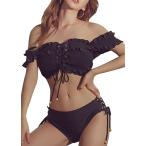  женский бикини купальный костюм верх и низ в комплекте ... накладка ввод оборка off плечо ( черный, M)