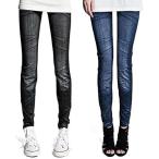  эластичный стрейч материалы Denim способ леггинсы прекрасный ножек обтягивающий модель черный голубой 2 -цветный набор морщина рисунок ( морщина рисунок )
