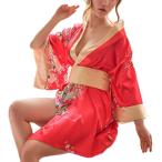 浴衣 3点セット 着物ドレス ミニ コスプレ 花魁 ナイトドレス ランジェリー 和風 衣装 赤( レッド,  Free Size)