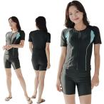 フィットネス 水着 レディース セパレート 半袖 上下セット めくれ防止 スクール UVカット ファスナー 袖付 (ブルーA,  3L)