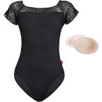 バレエ レオタード 大人 半袖 冷えにくい レース袖 胸パッド入り 練習着 シンプル 上品 レッスン 衣装 (エレガントブラック,  M)